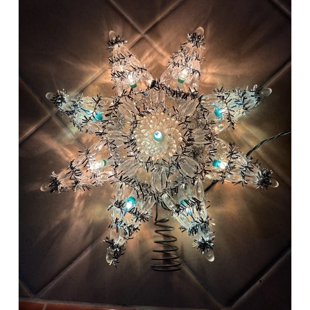 Vtg Kurt Adler Christmas Tree Topper Silver Tinsel Star Lighted Working Italy